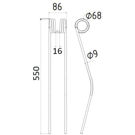 Technical drawing of a Swather/Tedder Tine, similar to the part found in the Claas LINER 680. Dimensions: 550mm long, 68mm loop diameter, 9mm rod diameter, and 86mm width with a segment separation of 16mm. Replacement part information: fits Claas Bautz model number 9536290, Sparex Part No.S.38309 – Brand: Sparex.