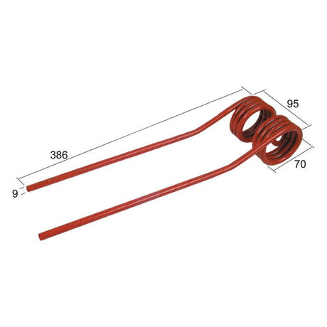 Image of a Tedder haytine replacement from Sparex, designed for Fella machines. It measures 386 mm in length, 95 mm in width, and has a diameter of 9 mm. The spare part number is S.38346.