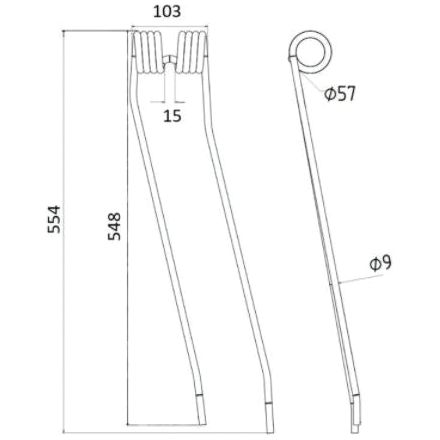 Technical drawing of a metal tool with a flat handle and coiled top, showing side and front views. Dimensions include Outer Ø 57 mm, length 554 mm, width 103 mm, and Ø 9 mm labeled. For reference use Swather/Tedder Tine by Sparex, replacement for Fella part number 491774 (Sparex Part No.S.38353).