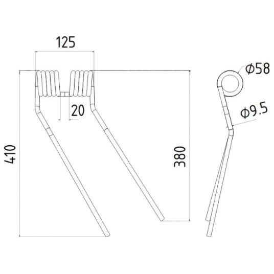 Technical drawing of a Tedder haytine with dimensions: 410mm length, 380mm height to bend, 125mm width, coiled section 58mm diameter, section gap 20mm, and a circular end with a diameter of Ø9.5mm. This product meets Primary OE Reference 600038 standards for Niemeyer HR301 equipment and is manufactured by Sparex under Part No.S.38384 as a replacement for Galfre and Niemeyer machinery.