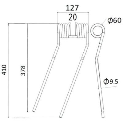 This technical drawing of the Tedder haytine - RH, produced by Sparex, includes various measurements such as a total length of 410mm and a width of 127mm, along with detailed dimensions of the Ø9.5mm coils and arms. This component serves as a replacement for Galfre and Niemeyer models, fitting as 600056 (Sparex Part No. S.38387).