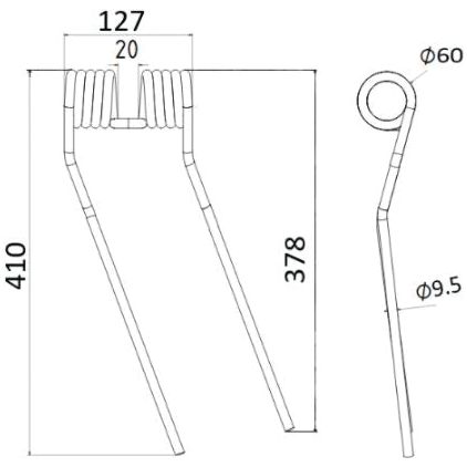 Technical drawing of a Sparex Tedder haytine (left-hand) designed as a replacement for Galfre and Niemeyer. The dimensions are 410mm in length, 127mm in width, with a rod diameter of 9.5mm and a coil diameter of 60mm. Primary OE Reference: 600057 | Sparex Part No.S.38388.