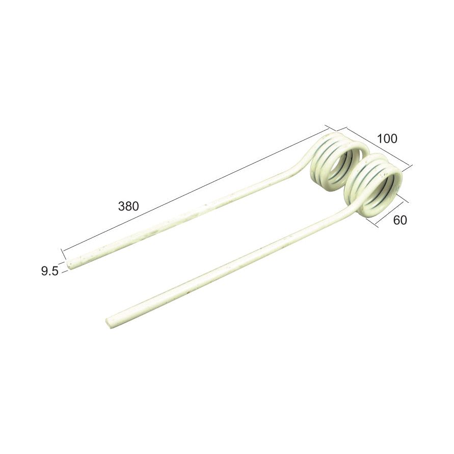 A white Tedder haytine - RH & LH by Sparex, measuring 380mm in length, 100mm in width, and 9.5mm in diameter, with an additional section above the loops, is a replacement for Pottinger and fits as part number 436145 (Sparex Part No. S.38404).