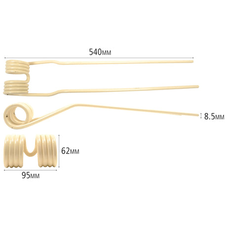 Three Sparex Swather/Tedder Tines, cream-colored and spiral-shaped with long handles, are displayed horizontally. Each tine measures 540mm in length, 95mm in width, and Ø8.5mm thick at the handle end, with an outer diameter of 62mm at the spiral end. This product is a replacement for Pottinger part number 436032 (Sparex Part No.S.38411).