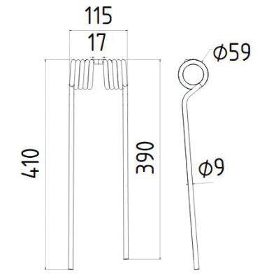 Technical drawing of a Sparex Tedder haytine (LH) with dimensions. The height is 410mm, the width is 115mm, with a coil diameter of 59mm and a wire diameter of 9mm. The coil extends 17mm from the top. This part is a replacement for PZ, Vicon models, fitting as PZ339 (Sparex Part No.S.38426).