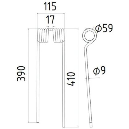 Technical diagram of the Tedder haytine - RH, with measurements making it ideal for use in equipment like the Vicon FANEX 641. Dimensions include a width of 115mm, leg length of 410mm, and coil end diameter of Ø9mm. This product is a suitable replacement for PZ and fits models such as PZ340, under Sparex Part No.S.38427.