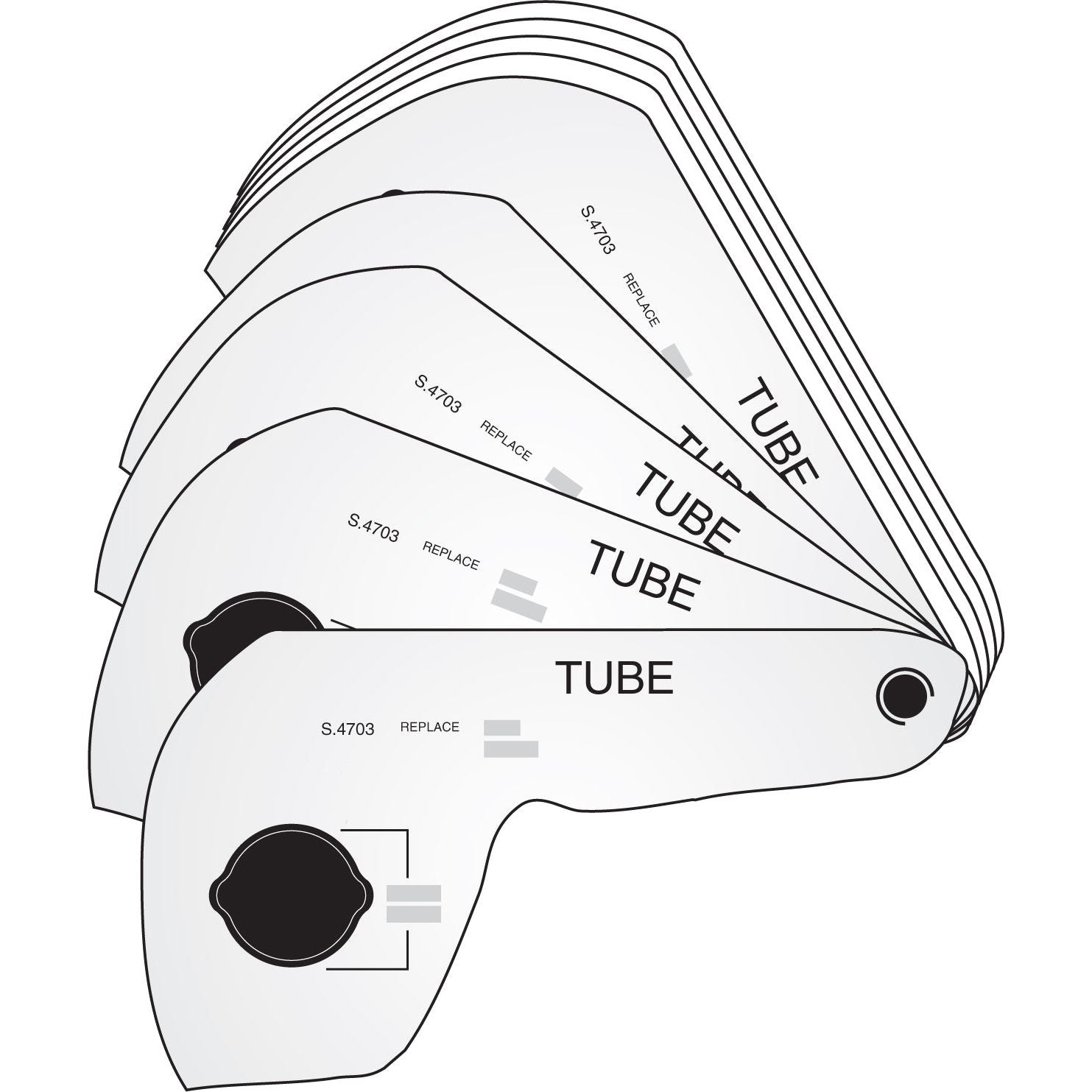 Illustration of a label maker tape cartridge showing multiple layers with labels indicating "Tube" and "S-4703 Replace," neatly laid out next to a PTO Plastic Swatch for Tubing | Sparex Part No. S.3844 by Sparex.