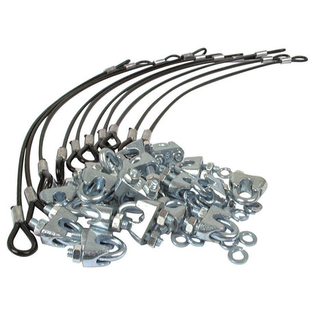 A collection of black wire ropes with looped ends and a pile of silver metal wire rope clamps with nuts and washers, including the Swath Turner Clamp by Sparex (Part No. S.3845), suitable for 8mm tines on Universal Tractors.