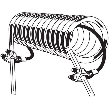 Illustration of a coiled heat exchanger with two input/output pipes connected to Swath turner clamps (Sparex Part No. S.3845) suitable for 8mm tines on either end.