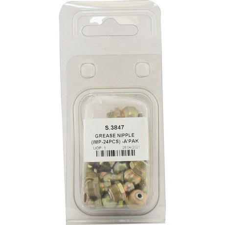 A transparent plastic package containing 24 Grease Nipples with a label that reads "S.3847 GREASE NIPPLE (IMP-24PCS) A'PAK UOP: 1 28/04/2021" offers reliable Imperial fittings under the trusted Sparex brand.