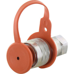 The Sparex Dust Plug Orange PVC (Sparex Part No. S.3850) fits a 3/8" female coupling and is constructed with a metal body, featuring an orange protective cap attached by a flexible strap for added convenience. This durable design includes a PVC coupling element to ensure reliable performance.