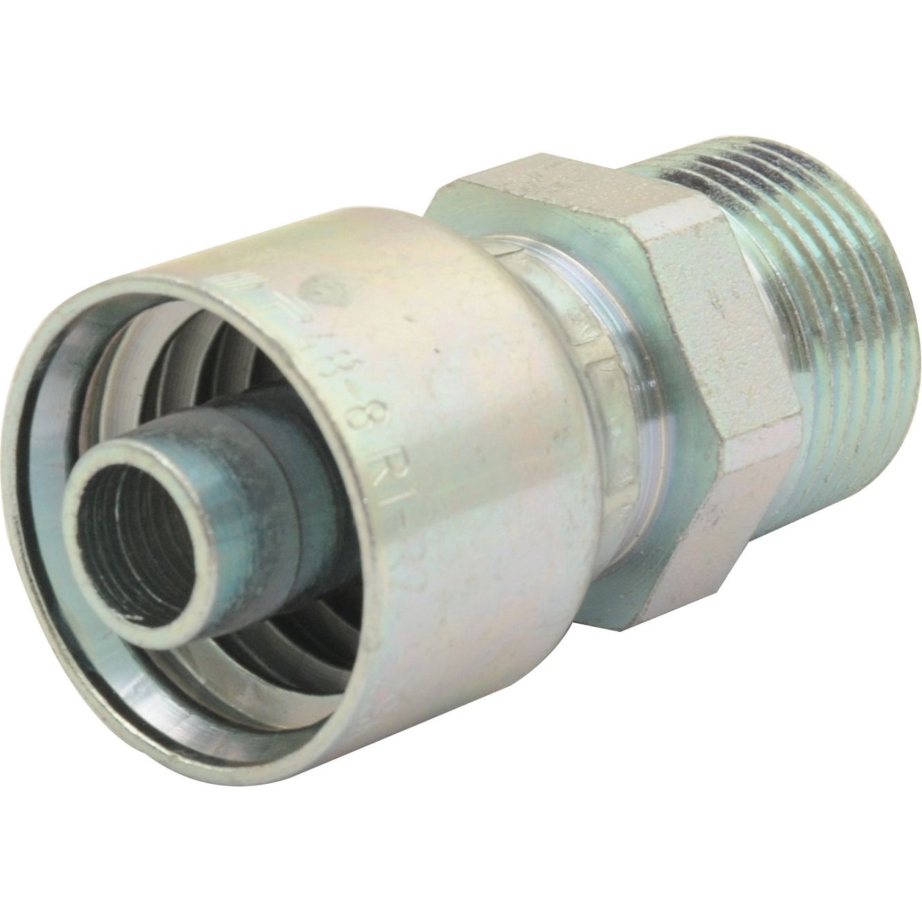 The Parker ORFS Hose Insert 1/2" x 1" x 14" Male Straight - S.3851608 by Sparex is a metal hydraulic hose fitting featuring threaded connections and a hexagonal nut in the center section, typically used for joining hydraulic hoses.