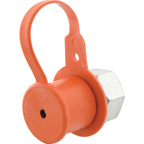 The Sparex Dust Cap Orange PVC Fits 3/8'' Male Coupling - S.3851 is equipped with a flexible loop that attaches to a metal hexagonal fitting, ensuring secure placement, making it perfect for use with PVC male coupling systems.