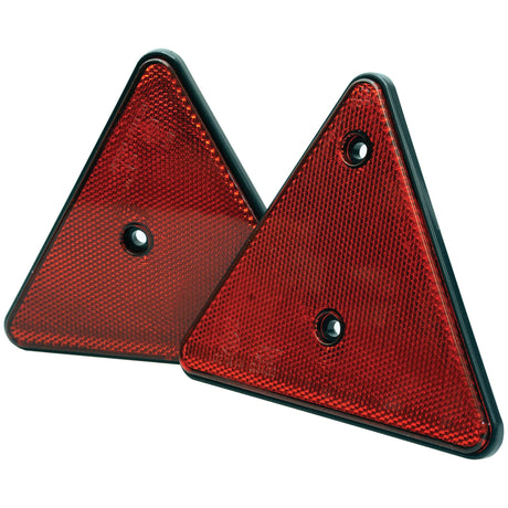 Set of two red 150mm Sparex S.3871 Triangle Reflectors from Agripak, featuring black borders and equipped with two mounting holes each.