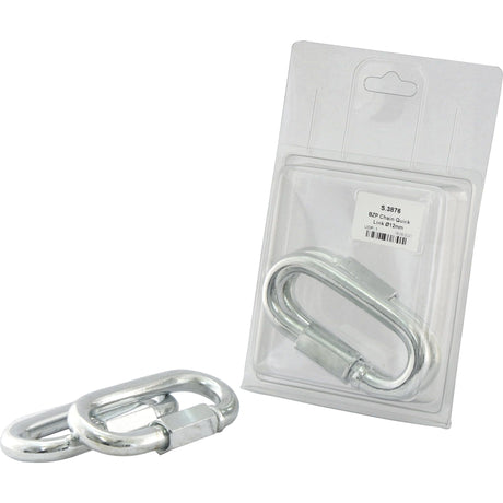 Two BZP Chain Quick Link Ø12mm clips are shown, one inside a clear plastic packaging labeled Sparex S.3876 and the other lying outside next to it. The packaging includes a label with product details from Sparex.