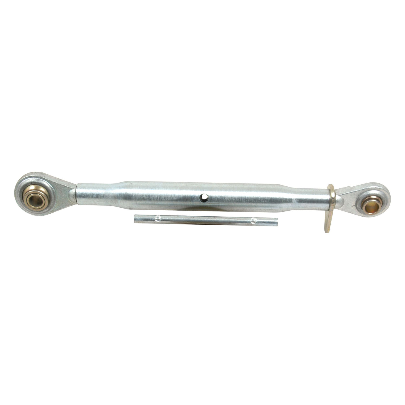 The Sparex Top Link (Cat.2/1) Ball and Ball, 1 1/8'' S.387, features a central adjustment section with rod ends on both sides and an additional small metal pin underneath—suitable for tractors up to 100hp. The minimum length is 495mm.