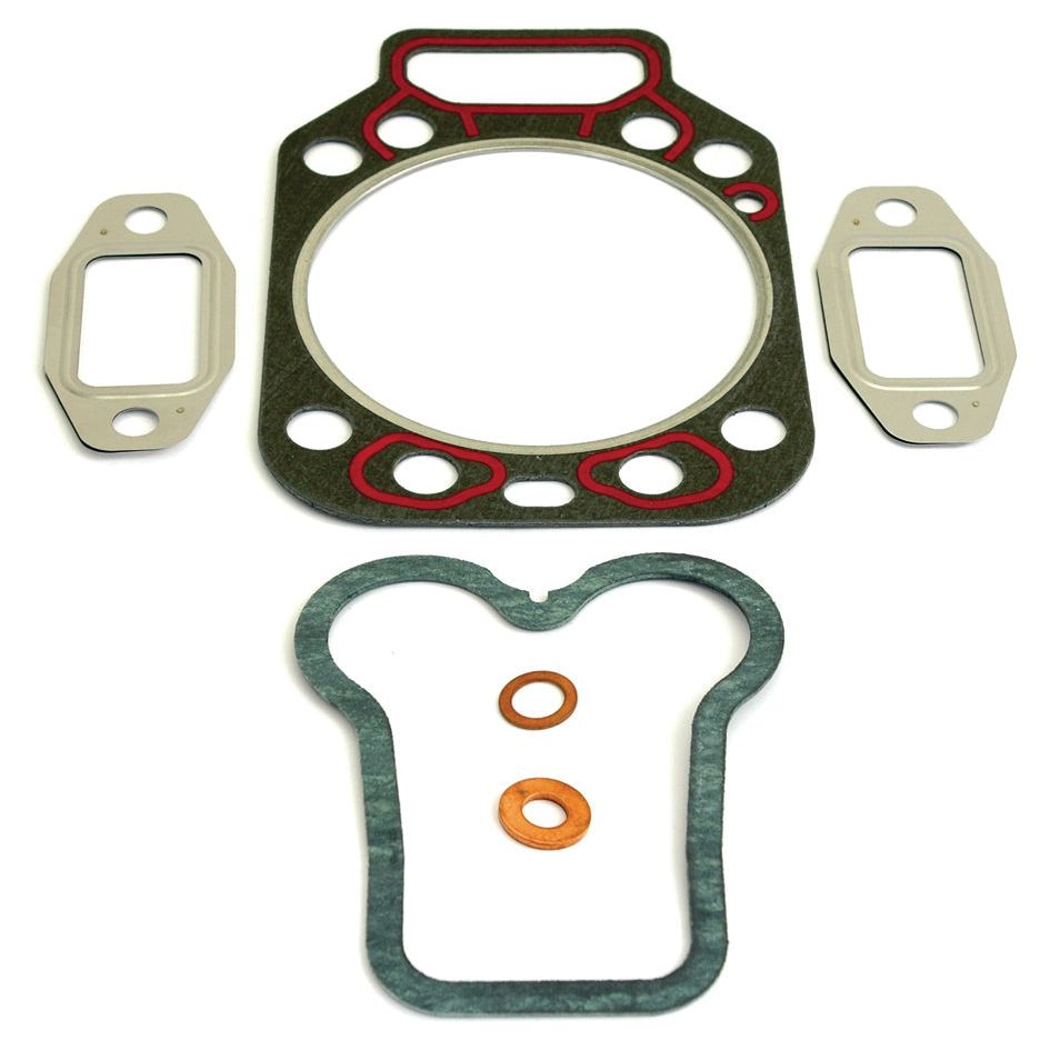 Upgrade your MWM Engine with the Top Gasket Set - 1 Cyl. (D226) by Sparex, including a large circular gasket, an irregularly shaped gasket, two smaller rectangular gaskets, and two copper washers. This comprehensive set is available as Sparex Part No.S.38877.