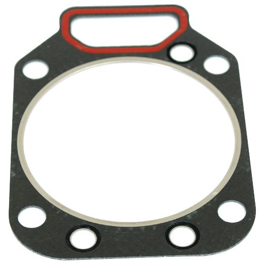 The Sparex Head Gasket - 1 Cyl. (D226-3.2, TD226-B3, TD226-4.2, TD226-B4, TD226-B6,TD226-6) | Sparex Part No.S.38906 is a flat, black gasket with a central circular hole and four smaller holes at the corners. It features a red-lined rectangular section at the top that echoes the precision found in Fendt machinery.