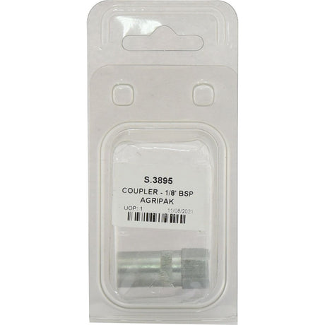 A packaged metal coupler labeled "Grease Gun Coupler 1/8'' BSP - 3 Jaw (Agripak 1 pc.) | Sparex Part No.S.3895" with a barcode and a date printed as "11/08/2021". Featuring precise BSP thread, this item ensures seamless connections for your hydraulic couplers.