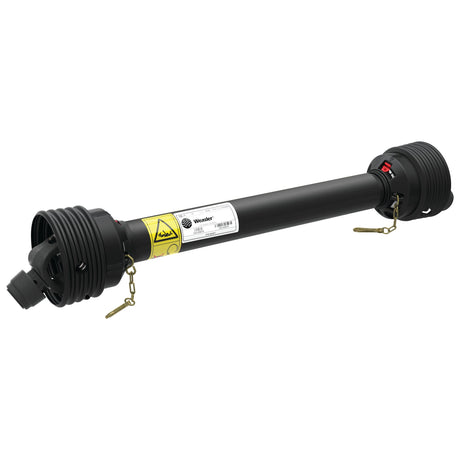 A Weasler PTO Shaft (S.39019) from the Sparex brand, featuring a length of 1210mm and a 1 3/8'' x 6 Spline Q.R. to 1 3/8'' x 6 Spline Q.R. configuration, comes with the Easylock Guard Type in black. It includes protective plastic guards on both ends and a yellow safety warning label, as part of the Weasler German Series.