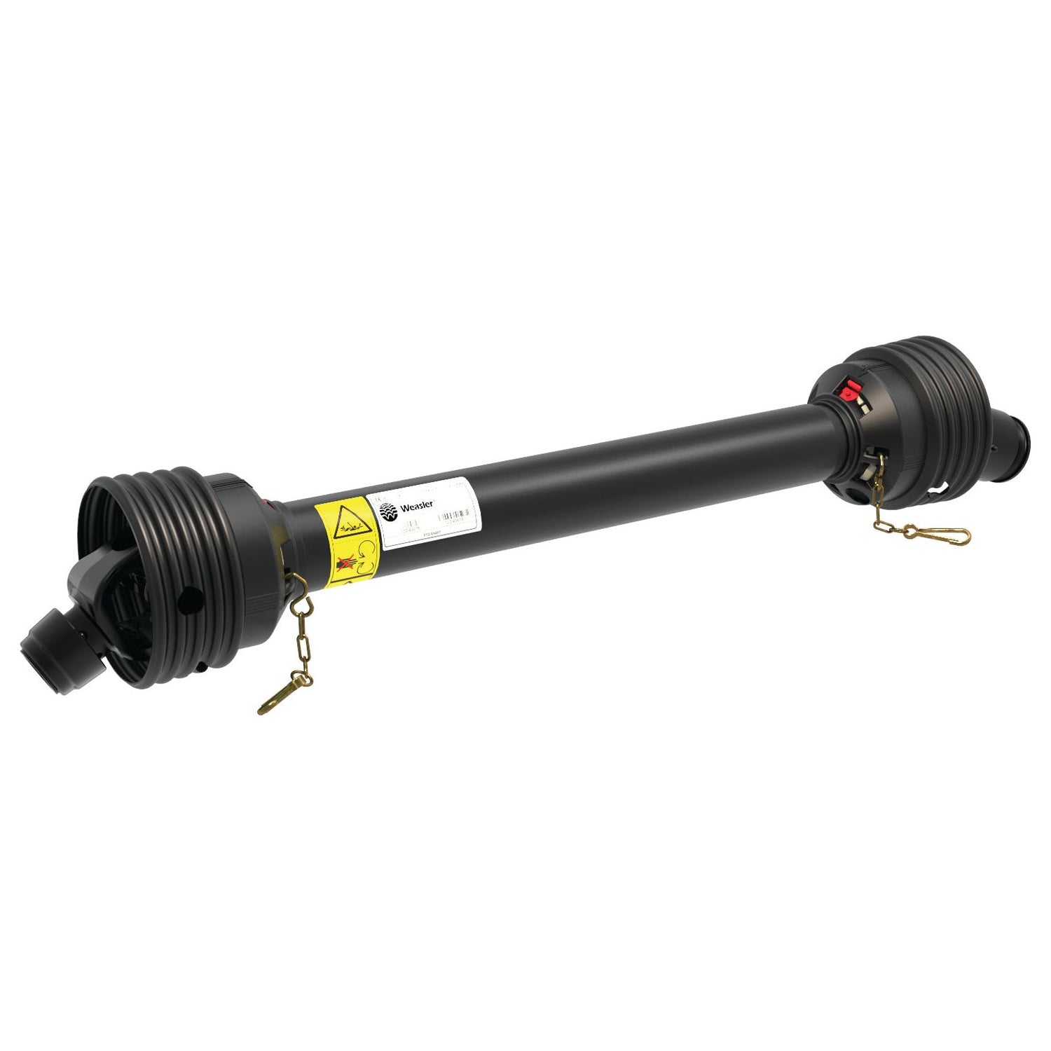 The Weasler PTO Shaft from Sparex, model S.39035, measures 1210mm in length and features a 1 3/8'' x 6 spline quick release to a 1 3/8'' x 6 spline overrunning clutch (clockwise). This robust black PTO driveshaft includes universal joints at both ends, complete with safety covers and attachment holes. Warning labels indicating safety instructions are clearly visible on the shaft, ensuring optimum performance and reliability for up to 52HP.