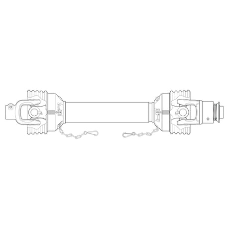 Technical drawing of a mechanical part with an elongated cylindrical center and connectors at both ends, featuring detailed structural outlines and linkages, sized to match the Sparex Weasler PTO Shaft - (Lz) Length: 1210mm, 1 3/8'' x 6 Spline Q.R. to 1 3/8'' x 6 Spline Overrunning Clutch (Clockwise) - S.39035 dimensions.