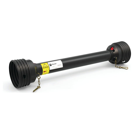 A black, extra-large cylindrical device with threaded ends and metal attachments, labeled "Sparex." Text and warning symbols are also visible on the PTO Guard - Easylock (Lz), Length: 510mm, Sparex Part No. S.39090.