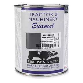 A 1lt tin of synthetic enamel paint designed for tractor and machinery use, featuring "Ferguson Vintage Grey" by AGCO. This genuine Massey Ferguson product, labeled as Massey Ferguson - Ferguson Vintage Grey Paint 1lts - 3931028M5, displays a barcode, product description, and manufacturer's details.