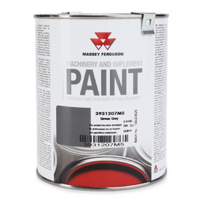 A 1-liter can of AGCO Massey Ferguson Sirmac Grey Paint, product code 3931207M5, is shown. Labeled with product information, this hazardous material is perfect for store collection.