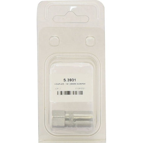 A packaged grease gun coupler labeled "Grease Gun Coupler M10 x 1.00 Metric - 3 Jaw (Agripak 1 pc.) | Sparex Part No.S.3931" from the brand Sparex, with a barcode and date 27.09.2021, identified as a Metric Type Hydraulic Coupler.