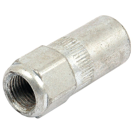 A textured, cylindrical-bodied fitting with a threaded interior, somewhat worn in appearance and resembling a 3 Jaw hydraulic coupler. This is the Grease Gun Coupler M10 x 1.00 Metric - 3 Jaw by Sparex, part No.S.3932.