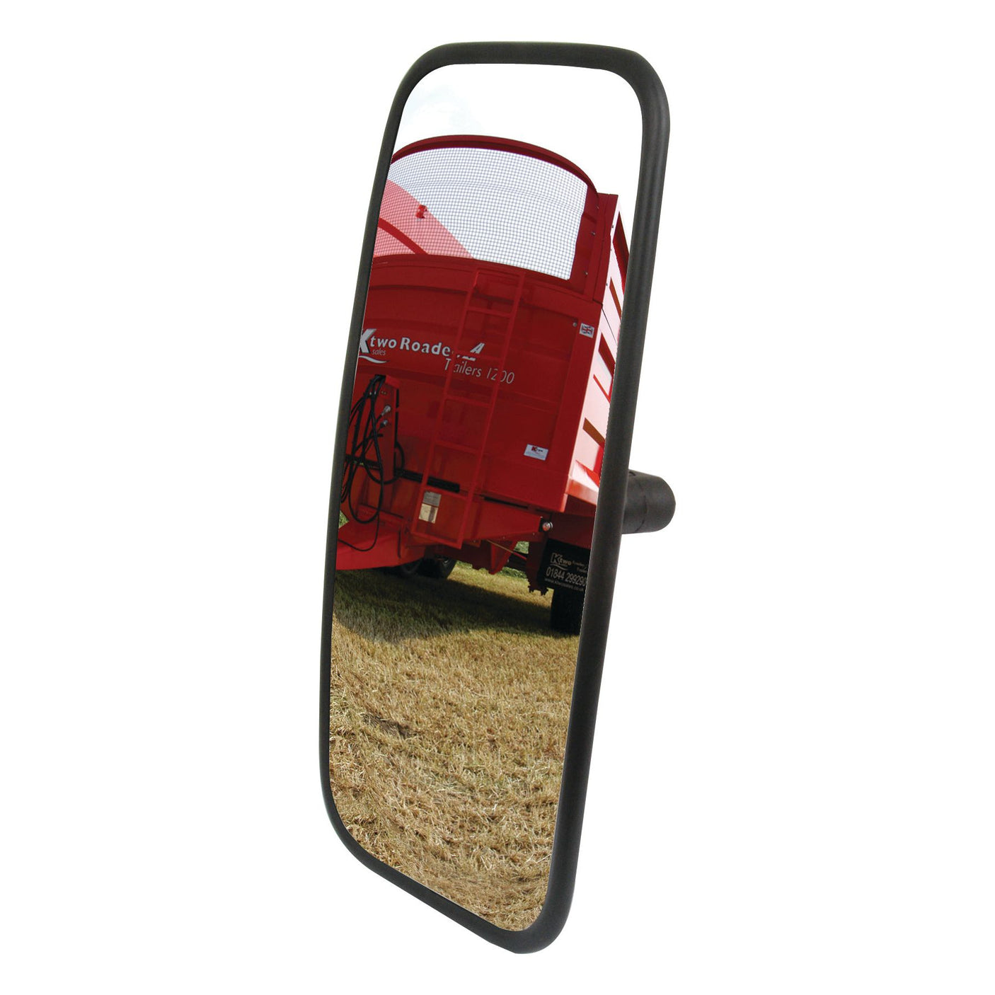 A reflection of a red agricultural trailer with "Two Rodes" branding in a Mirror Head - Rectangular, Convex, 360 x 180mm, RH & LH - S.39701 by Sparex, positioned against a grassy field background.