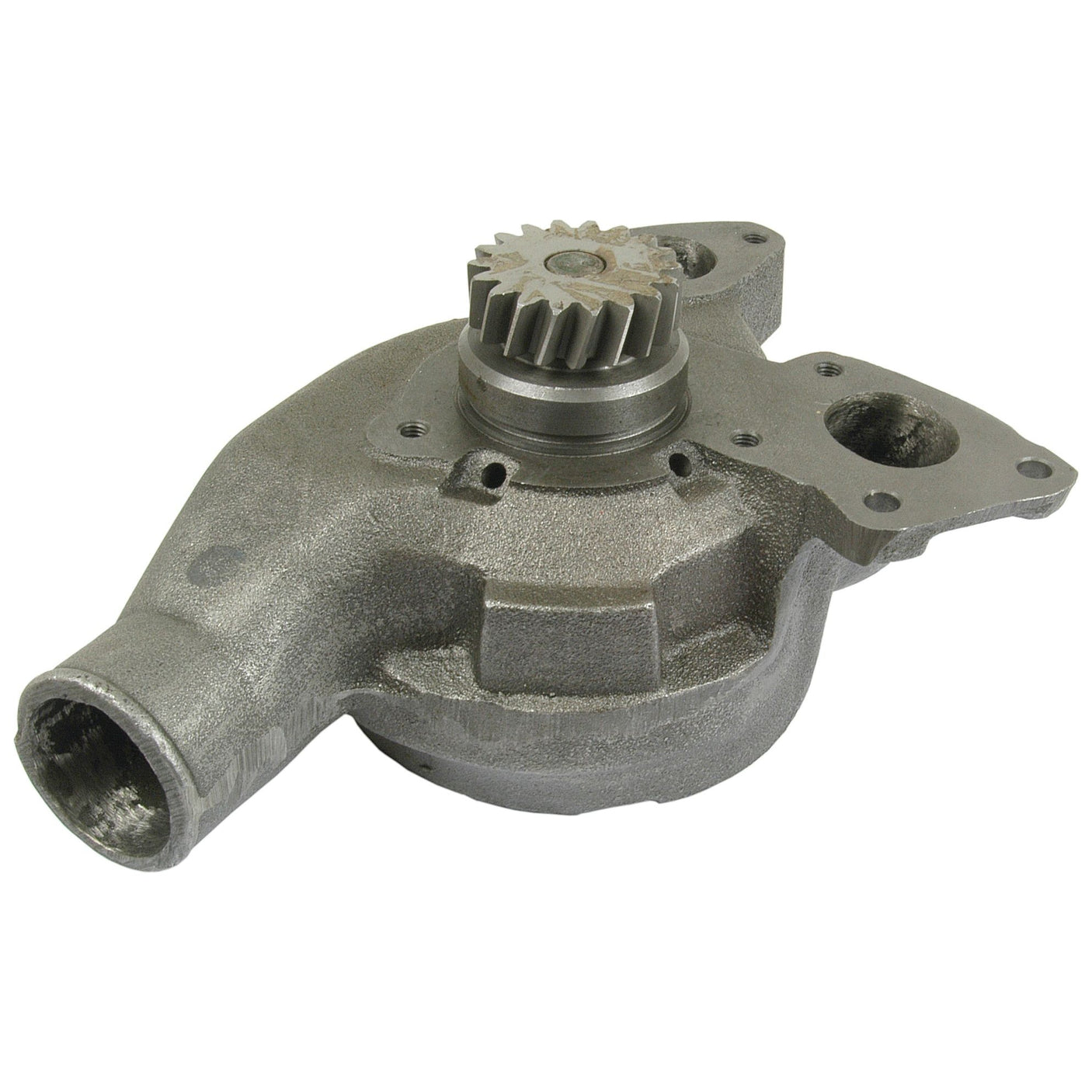 The Water Pump Assembly (Supplied with drive gear) - S.39884 by Sparex is a metal automotive water pump featuring a cylindrical shaft and an attached gear. It boasts a precision impeller, multiple mounting points, an inlet/outlet for fluid, and includes a pulley system with grooves for enhanced performance.