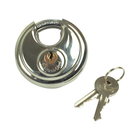 A Sparex Round Padlock - Stainless Steel - S.39890 with a hardened shackle is shown next to a set of two keys on a key ring.