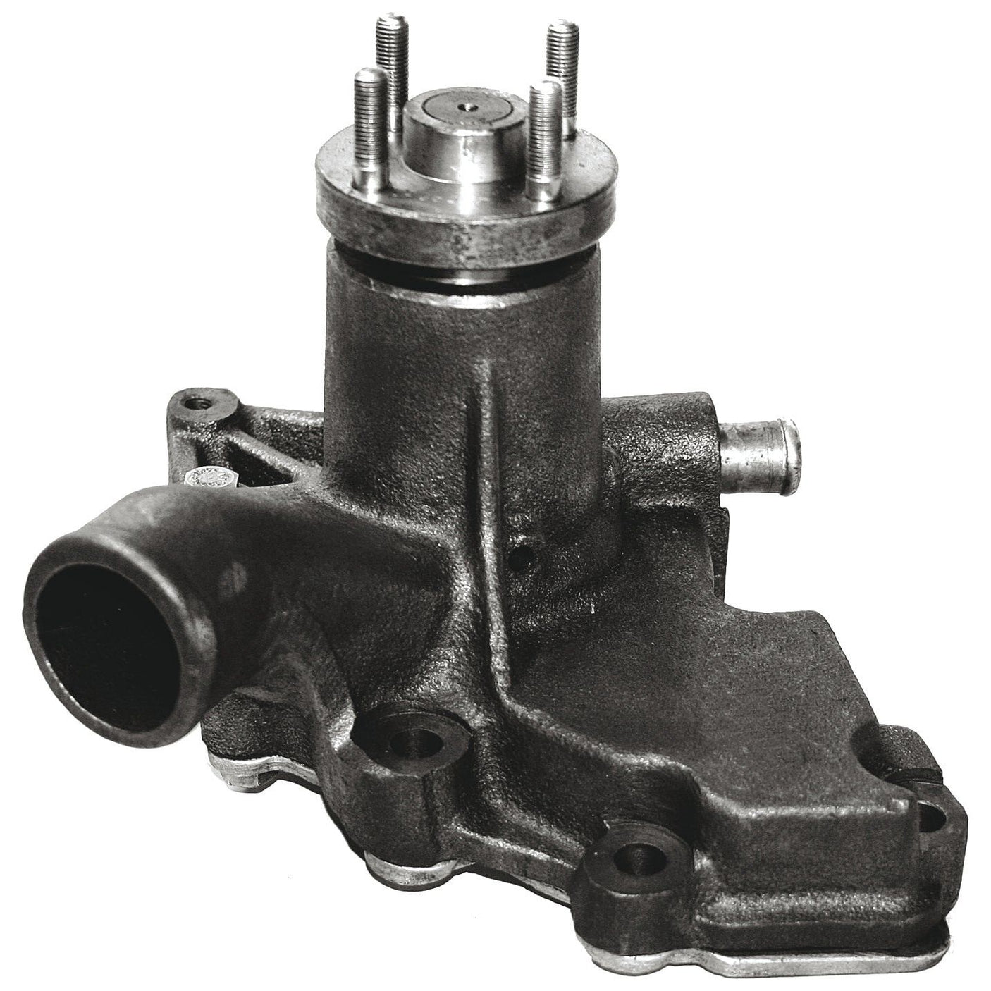 The Sparex Water Pump Assembly (Part No. S.39893) is a metallic automotive water pump housing with an impeller and bolts, featuring a cylindrical component on top. The unit includes a protruding spout, several mounting points, and is compatible with Hurlimann tractors.