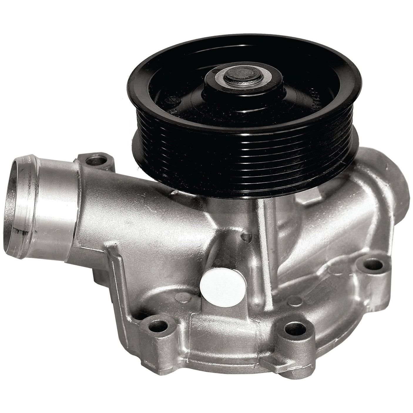 Image of the Sparex Water Pump Assembly (Supplied with Pulley) | Sparex Part No.S.39897, featuring a metallic build and a black pulley wheel on top. This pump, compatible with Fendt FAVORIT, includes multiple bolt holes and an inlet/outlet for coolant flow.