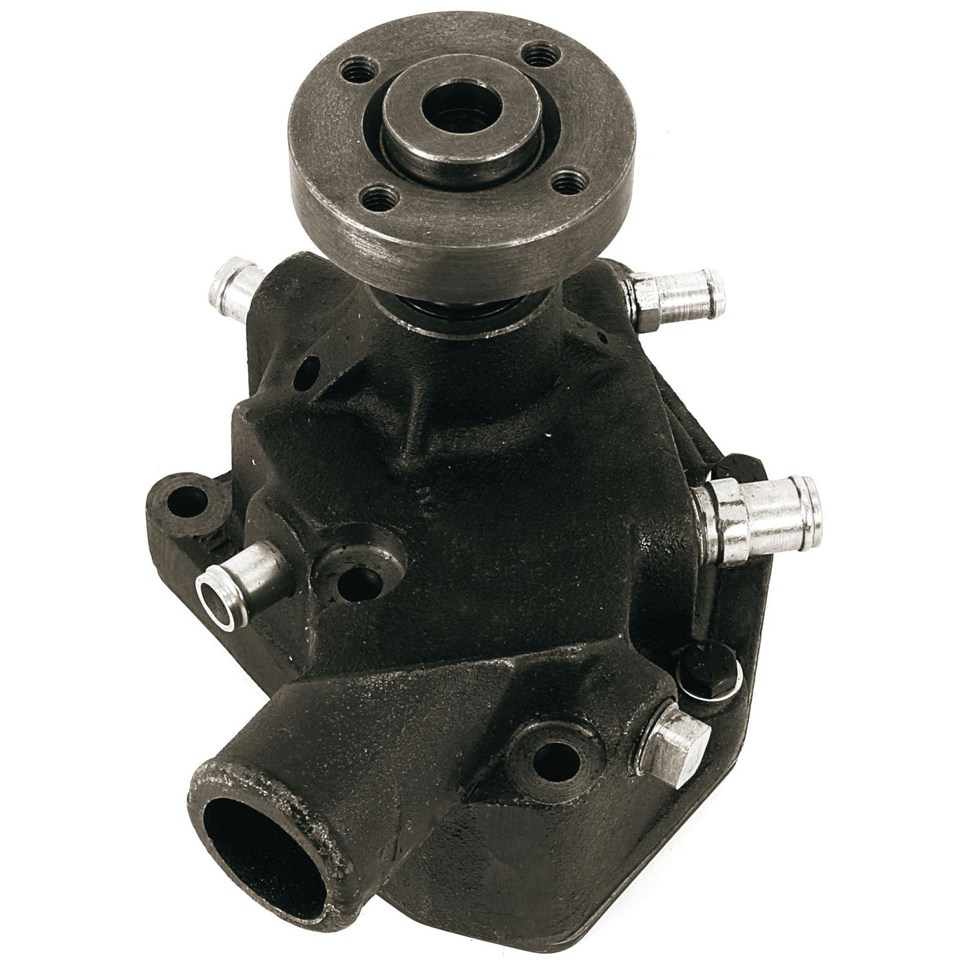 Close-up of a black automotive water pump assembly with several metal fittings and a pulley at the top, featuring a Sparex Impeller for enhanced performance (Sparex Part No. S.39898).