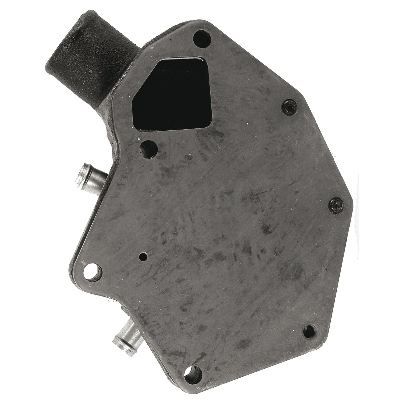 The Sparex Water Pump Assembly (Part No. S.39898) is a metallic mechanical component featuring a flat surface with several holes and protruding sections. It has a rectangular opening and various connector points. Black in color with visible wear marks, this component is akin to those used in the Renault ARES 540.