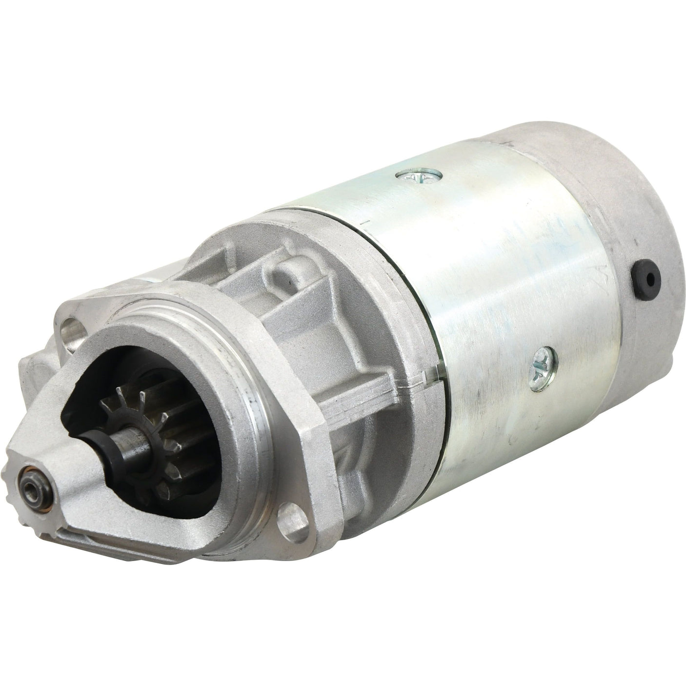 Image of the Sparex Starter Motor - 12V, 2.7Kw (Mahle), Part No. S.399020, with visible gear teeth at one end. The device features a metallic cylindrical design with a silver finish and several screws are visible on its body.