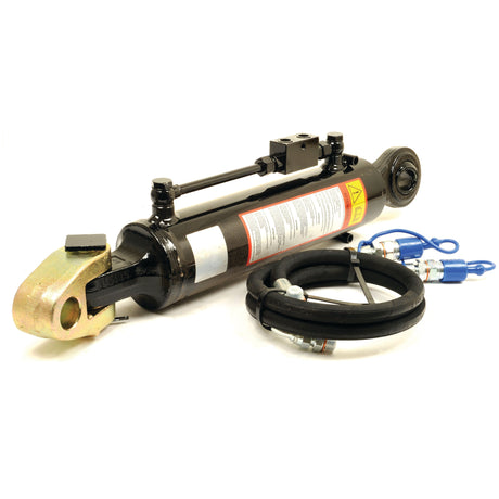 The Sparex Hydraulic Top Link (Cat.3/3) Knuckle and Ball with a Cylinder Bore of 90mm and a Minimum Length of 640mm, featuring attached Sparex hoses and fittings, showcased on a white background—perfect for your tractor implement needs.