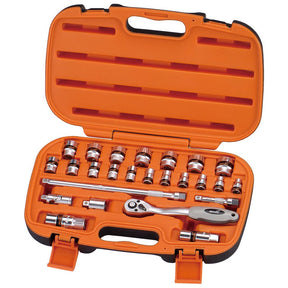 Introducing the Sparex 3/8'' Drive Ratchet Socket Set (26pcs.) - S.21648, an orange tool case featuring a variety of neatly organized sockets, a ratchet handle, and extensions. Equipped with a convenient handle and secure closure provided by two latches.