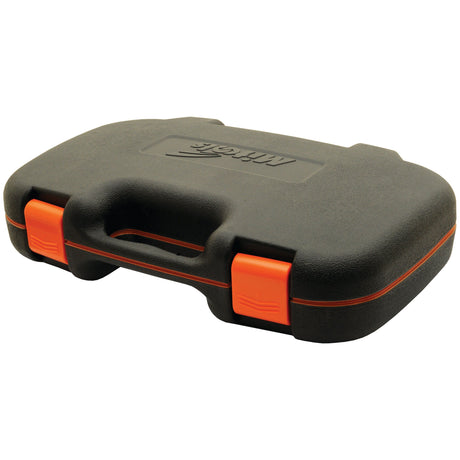 A black plastic carrying case, adorned with orange latches and handle, shown closed, featuring the “Milac” logo embossed on the top. Ideal for storing your essential tools like the Sparex 3/8'' Drive Ratchet Socket Set (26pcs.) - S.21648.