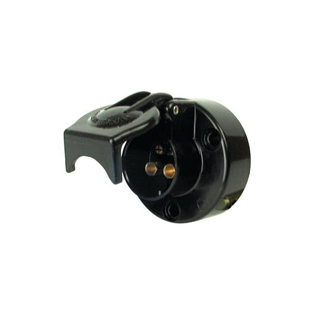 The 3-Pin Auxiliary Female Socket (Plastic) - S.50977 by Sparex is a black, round electrical socket with a hinged cover, revealing two brass connectors inside and featuring convenient mounting holes for secure installation.