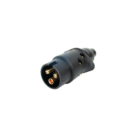 The Sparex 3 Pin Auxiliary Plug Male Pin (Black Plastic) - S.50978, a black plastic cylindrical electrical connector with three exposed spade connectors, is shown against a white background.