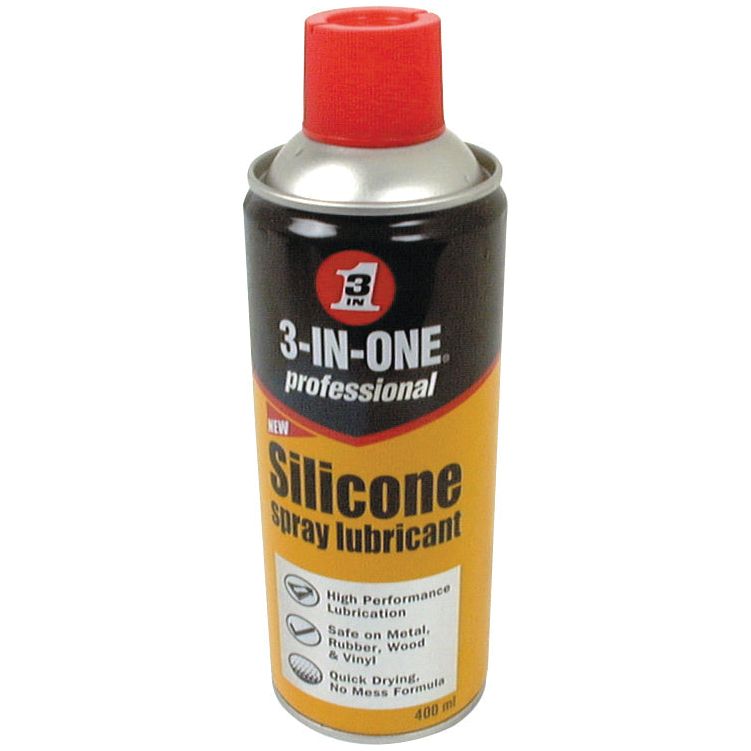 A can of Sparex 3 in 1 Silicone Spray 400ml - S.18052 with a red cap, designed for high performance lubrication, is safe to use on metal, rubber, wood, and vinyl. Its quick-drying formula ensures no mess.