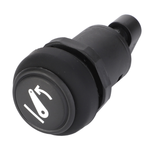A black cylindrical control knob featuring a white arrow and hook icon on top, known as the Massey Ferguson - 3pt Hitch Down Switch - ACW151748A by AGCO, often found in Massey Ferguson DYNA 4 and DYNA 6 models.