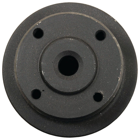 A black metal disc with four small holes and one large central hole, viewed from above, resembling a typical Sparex water pump pulley (Sparex Part No. S.40003).