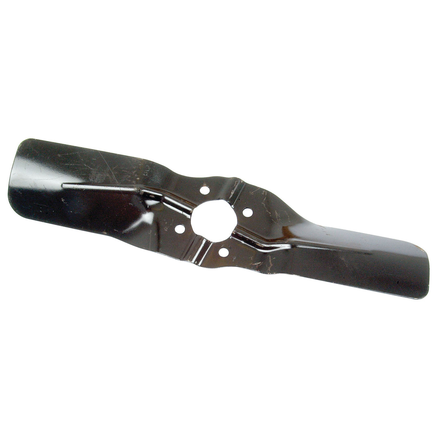 A black, slightly curved metal mower blade with a central hole, designed for attachment to Massey Ferguson lawn mower machinery, marketed under the product name 'Fan Blade', Sparex Part No. S.40005 by the brand Sparex.