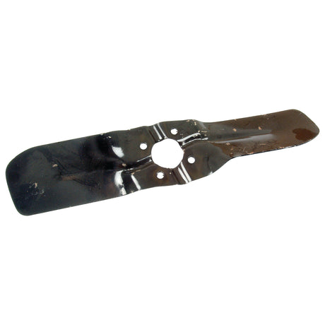 The Sparex Fan Blade (Part No. S.40007) is a slightly worn metal blade featuring two screw holes and a central hole, designed for compatibility with Ford/New Holland lawnmowers.