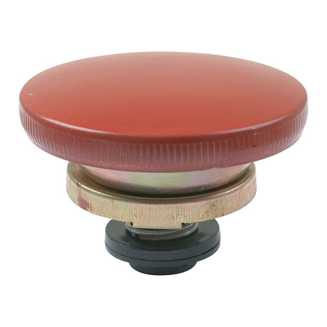 Close-up view of the Radiator Cap - S.40012, featuring a round red design with a ridged edge and a metal base, branded with Sparex.